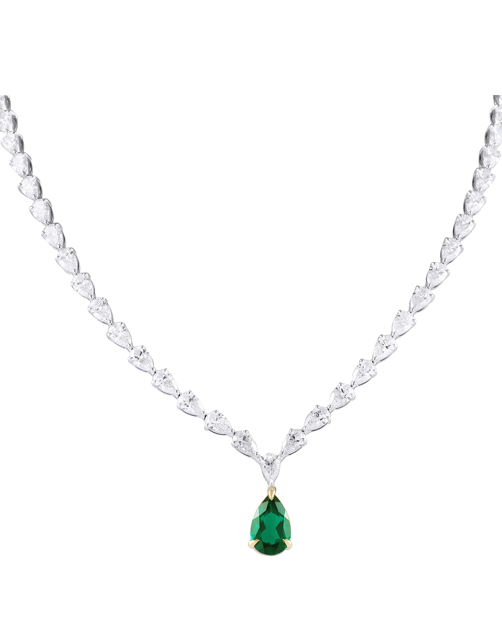 19.1 CT Pear Cut Tennis Necklace with Green Emerald Drop in 925 Sterling Silver