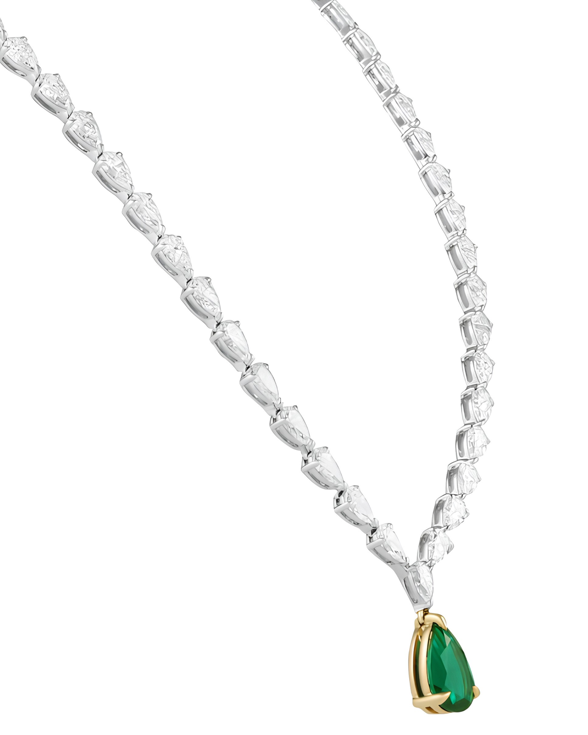 19.1 CT Pear Cut Tennis Necklace with Green Emerald Drop in 925 Sterling Silver