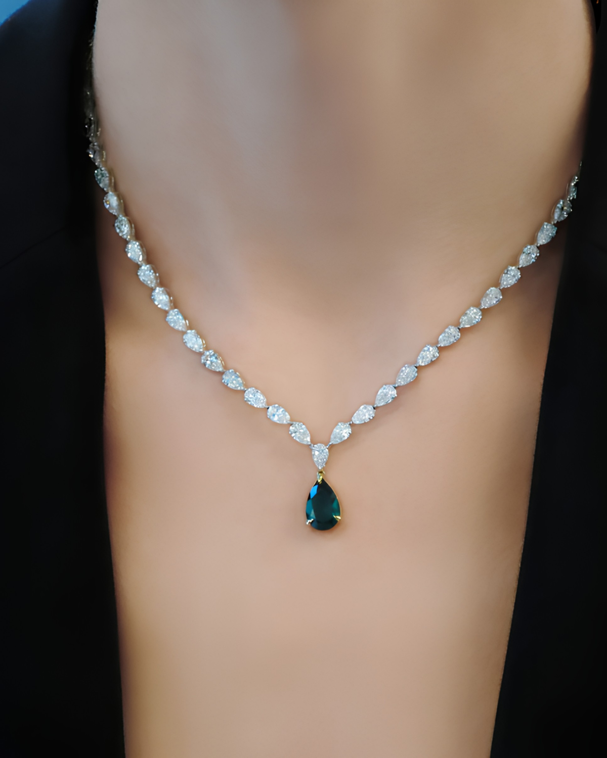 19.1 CT Pear Cut Tennis Necklace with Green Emerald Drop in 925 Sterling Silver